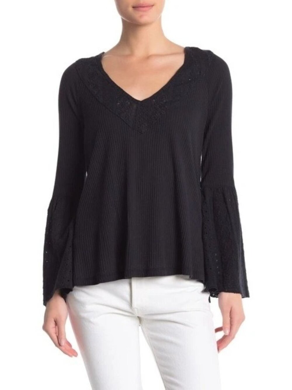 Free People Top Parisian Nights Top Black Medium Bell Eyelet Sleeves
